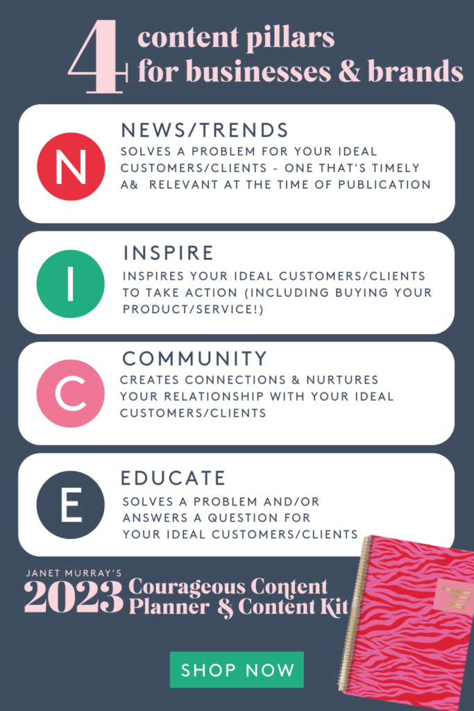 4 content pillars for businesses and brands based on Janet Murray’s Courageous Content Planner. Dark blue background on which there are 4 bubbles explaining each of the 4 content pillars: news/trends, inspire, community and educate. Tiger cover design of the 2023 Courageous Content Planner & Content Kit is in the bottom right corner.